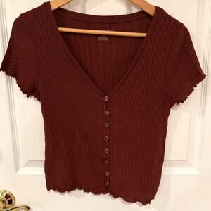 American Eagle Ribbed Button-Front Lettuce Hem Top – Rust Brown Size M Y2K 90's